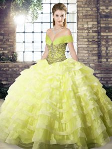 Yellow Off The Shoulder Lace Up Beading and Ruffled Layers Quinceanera Gowns Brush Train Sleeveless