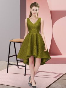 V-neck Sleeveless Zipper Court Dresses for Sweet 16 Olive Green Lace