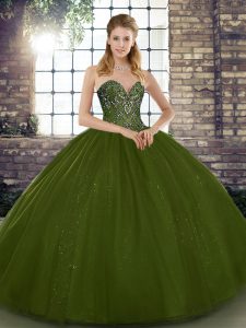 Beautiful Sleeveless Tulle Floor Length Lace Up Ball Gown Prom Dress in Olive Green with Beading