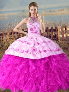 Extravagant Fuchsia Organza Lace Up Quinceanera Dress Sleeveless Court Train Embroidery and Ruffles