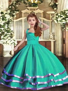 Turquoise Ball Gowns Ruffled Layers Pageant Gowns For Girls Lace Up Organza Sleeveless Floor Length