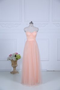 Glamorous Sleeveless Floor Length Ruching Zipper Dama Dress for Quinceanera with Peach