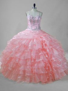 Classical Floor Length Pink Sweet 16 Dress Organza Sleeveless Beading and Ruffled Layers