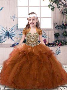 Floor Length Lace Up Little Girl Pageant Gowns Rust Red for Party and Sweet 16 and Wedding Party with Beading and Ruffles