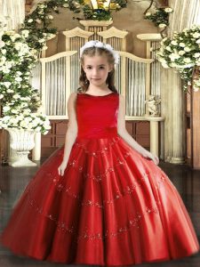 Red Sleeveless Beading Floor Length Little Girls Pageant Dress