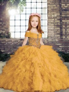 High Class Tulle Straps Sleeveless Lace Up Beading Little Girls Pageant Gowns in Gold