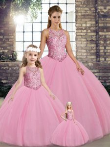 Fantastic Sleeveless Floor Length Embroidery Lace Up 15th Birthday Dress with Pink