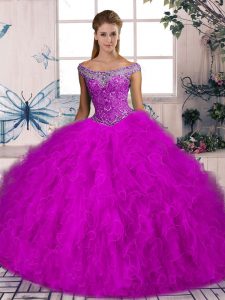 Fuchsia Tulle Lace Up Sweet 16 Dresses Sleeveless Brush Train Beading and Ruffles