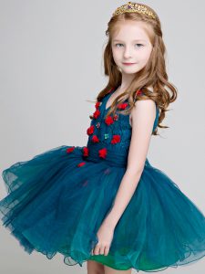 Teal V-neck Neckline Lace and Appliques Little Girl Pageant Gowns Sleeveless Zipper