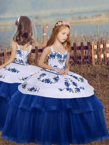Tulle Straps Sleeveless Lace Up Embroidery Kids Pageant Dress in Blue