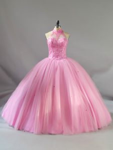 Beading Sweet 16 Quinceanera Dress Baby Pink Lace Up Sleeveless Floor Length