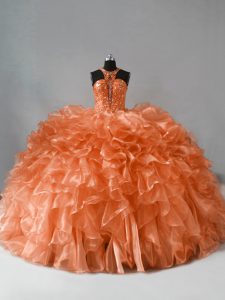 Decent Orange Ball Gowns Organza Halter Top Sleeveless Beading and Ruffles Zipper 15 Quinceanera Dress Brush Train