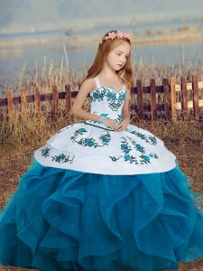 Embroidery and Ruffles Child Pageant Dress Blue Lace Up Sleeveless Floor Length