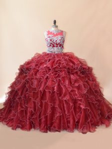 Red Organza Zipper 15th Birthday Dress Sleeveless Brush Train Beading and Lace and Appliques