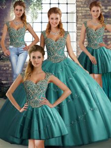 Beautiful Straps Sleeveless Lace Up Quinceanera Dresses Teal Tulle