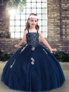 Custom Designed Straps Sleeveless Lace Up Pageant Gowns For Girls Navy Blue Tulle