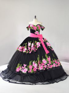 Affordable Black Off The Shoulder Neckline Embroidery Quinceanera Dresses Sleeveless Lace Up