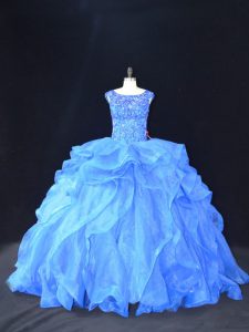 Glamorous Blue Sleeveless Organza Brush Train Lace Up Sweet 16 Quinceanera Dress for Sweet 16 and Quinceanera