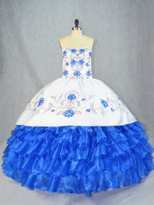 Low Price Embroidery and Ruffled Layers Sweet 16 Dress Blue And White Lace Up Sleeveless Asymmetrical
