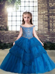 Blue Lace Up Off The Shoulder Beading and Appliques Pageant Gowns For Girls Tulle Sleeveless