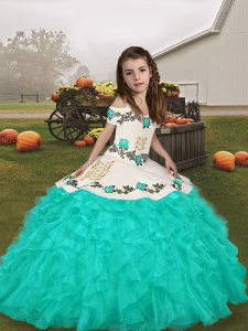 Turquoise Straps Neckline Embroidery and Ruffles Little Girls Pageant Dress Long Sleeves Lace Up