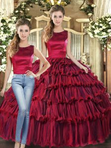 Low Price Sleeveless Floor Length Ruffled Layers Lace Up Sweet 16 Dresses with Wine Red