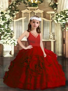 Low Price Red Sleeveless Organza Zipper Little Girls Pageant Dress for Party and Wedding Party
