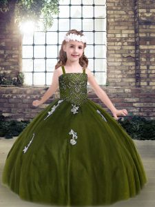 Customized Little Girls Pageant Gowns Olive Green Strapless Tulle Sleeveless Floor Length Lace Up