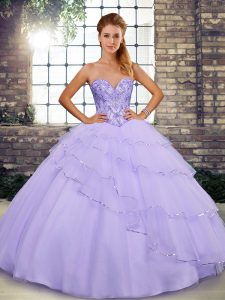 Sweetheart Sleeveless Brush Train Lace Up Sweet 16 Dress Lavender Tulle