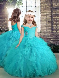 Floor Length Lace Up Kids Pageant Dress Aqua Blue for Party and Wedding Party with Beading and Ruffles