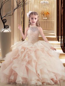 Floor Length Pink Little Girl Pageant Dress High-neck Sleeveless Brush Train Lace Up
