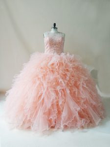Scoop Sleeveless Lace Up Quinceanera Dresses Peach Tulle