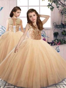 Cute Sleeveless Floor Length Beading Lace Up Little Girl Pageant Gowns with Champagne