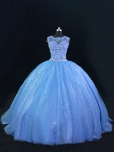 High Class Blue Lace Up Scoop Beading Sweet 16 Dress Tulle and Sequined Sleeveless
