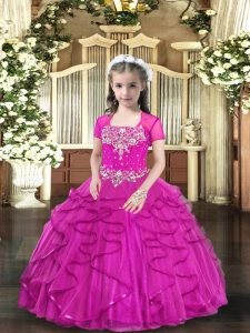 Straps Sleeveless Lace Up Little Girl Pageant Gowns Fuchsia Tulle