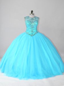 Scoop Sleeveless Lace Up 15th Birthday Dress Aqua Blue Tulle