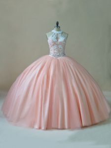 Dazzling Peach Lace Up Halter Top Beading and Lace Sweet 16 Dresses Tulle Sleeveless
