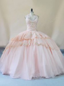 Peach Ball Gowns Beading and Lace and Appliques Ball Gown Prom Dress Lace Up Tulle Sleeveless
