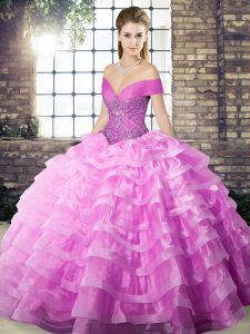 Lilac Organza Lace Up Ball Gown Prom Dress Sleeveless Brush Train Beading and Ruffled Layers