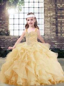 Straps Sleeveless Tulle Pageant Gowns For Girls Beading and Ruffles Lace Up