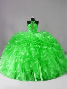 Halter Top Lace Up Beading and Ruffles 15 Quinceanera Dress Brush Train Sleeveless