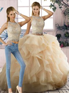 Smart Two Pieces Sweet 16 Dresses Champagne Scoop Tulle Sleeveless Floor Length Zipper