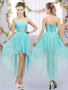 Fashionable Sleeveless Chiffon High Low Lace Up Vestidos de Damas in Aqua Blue with Beading