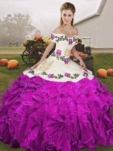 Dramatic Ball Gowns Quinceanera Gowns White And Purple Off The Shoulder Organza Sleeveless Floor Length Lace Up