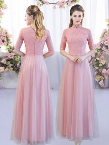 High-neck Half Sleeves Vestidos de Damas Floor Length Lace Pink Tulle