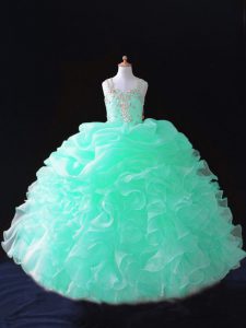 Straps Sleeveless Little Girls Pageant Gowns Floor Length Beading and Ruffles and Pick Ups Apple Green Organza