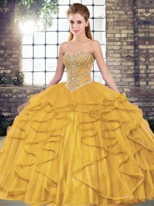 Sleeveless Tulle Floor Length Lace Up Sweet 16 Quinceanera Dress in Gold with Beading and Ruffles