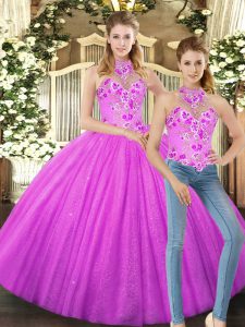Lilac Tulle Lace Up Quinceanera Gowns Sleeveless Floor Length Embroidery