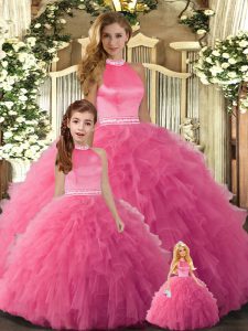 Halter Top Sleeveless Backless 15th Birthday Dress Hot Pink Tulle