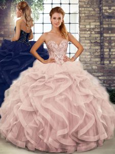 Fabulous Floor Length Lace Up Sweet 16 Quinceanera Dress Pink for Military Ball and Sweet 16 and Quinceanera with Beading and Ruffles